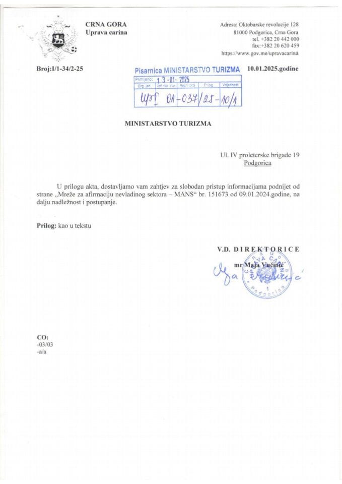 Zahtjev - Slobodan pristup informacijama - UPI 01-037-25-10-1 - Mreža za afirmaciju nevladinog sektora - MANS