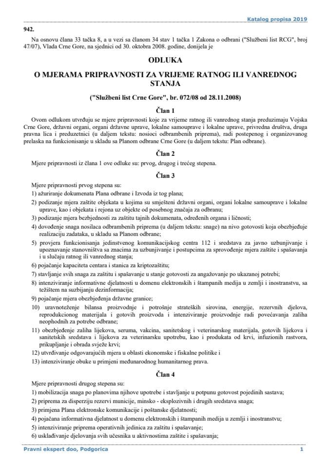 Odluka o mjerama pripravnosti za vrijeme ratnog ili vanrednog stanja