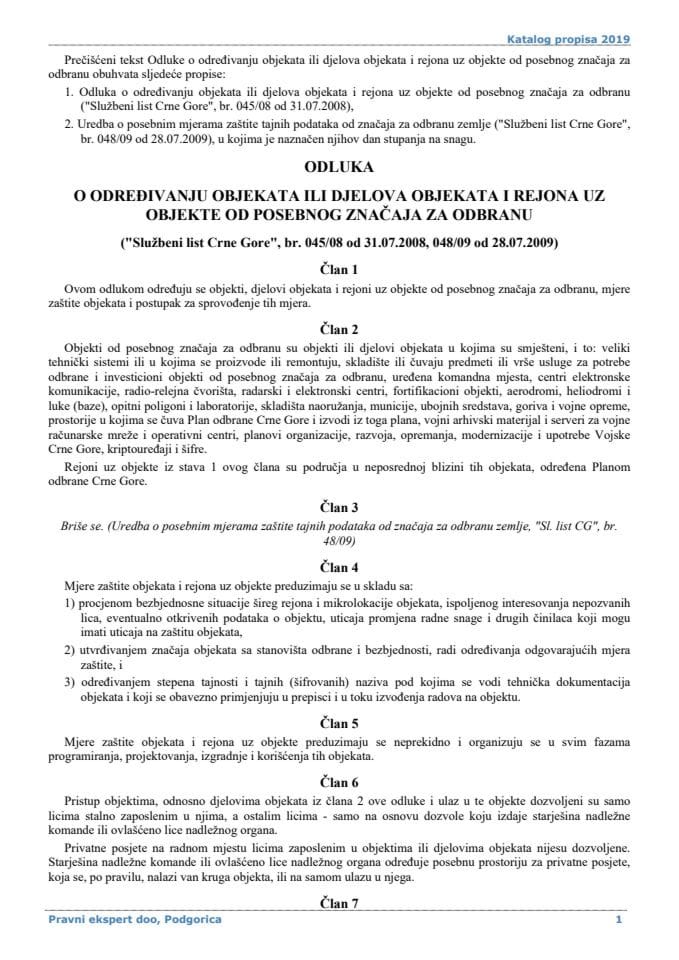 Odluka o određivanju objekata ili djelova objekata i rejona uz objekte od posebnog značaja za odbranu