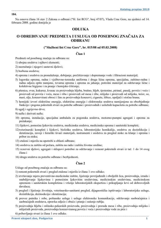 Odluka o određivanju predmeta i usluga od posebnog značaja za odbranu