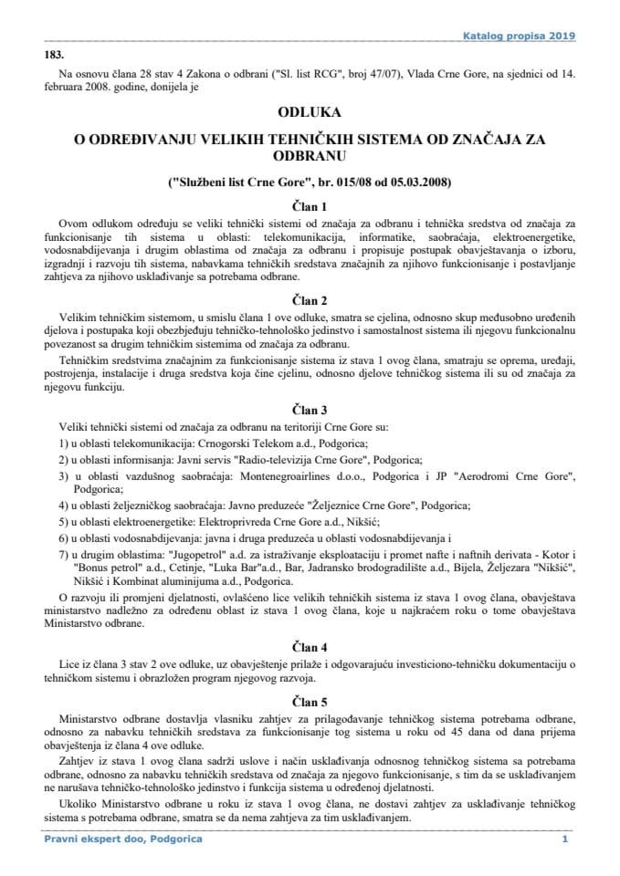 Odluka o određivanju velikih tehničkih sistema od značaja za odbranu