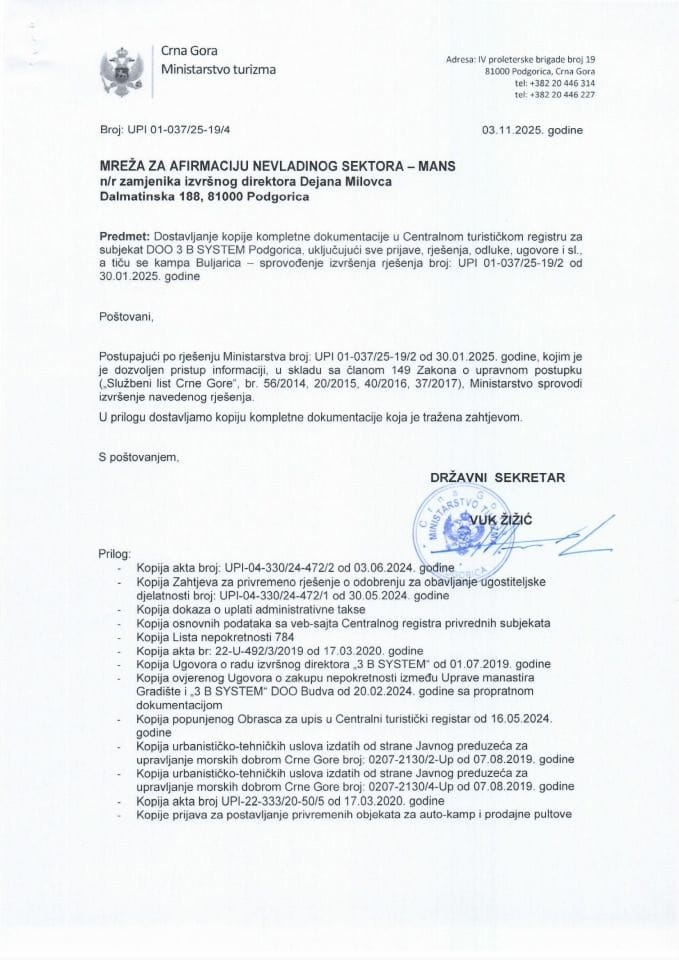 Rješenje - Slobodan pristup informacijama - UPI 01-037-25-19-4 Mreža za afirmaciju nevladinog sektora - MANS