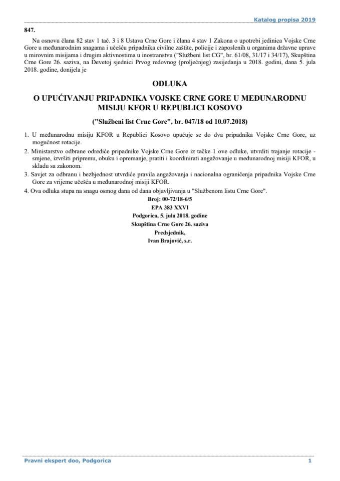Odluka o upućivanju pripadnika Vojske Crne Gore u međunarodnu misiju KFOR u Republici Kosovo