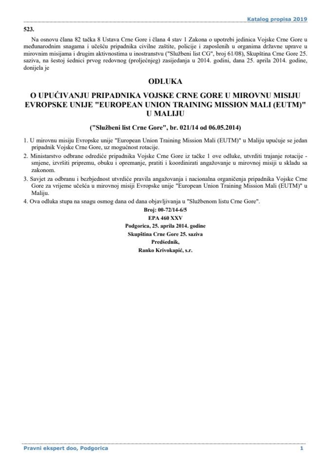 Odluka o upućivanju pripadnika Vojske Crne Gore u mirovnu misiju Evropske unije "European Union Training Mission Mali EUTM" u Maliju