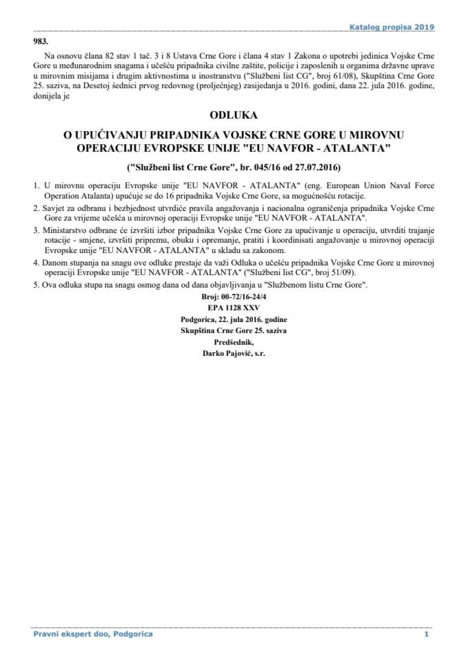 Odluka o upućivanju pripadnika Vojske Crne Gore u mirovnu operaciju Evropske unije EU NAVFOR - Atalanta