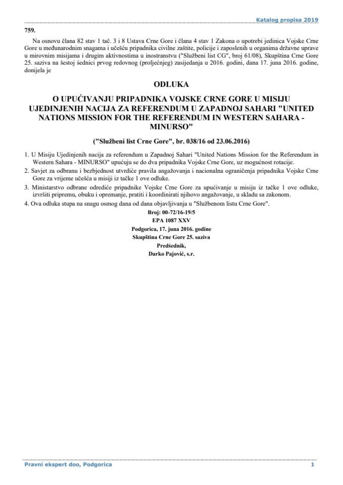 Odluka o upućivanju pripadnika Vojske Crne Gore u misiju Ujedinjenih Nacija za referendum u Zapadnoj Sahari "United Nations Mission for the Referendum in Western Sahara - Minurso"