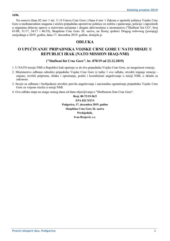 Odluka o upućivanju pripadnika Vojske Crne Gore u NATO misiju u Republici Irak "NATO Mission Iraq-NMI"