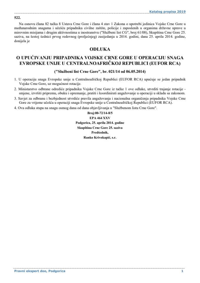 Odluka o upućivanju pripadnika Vojske Crne Gore u operaciju snaga Evropske unije u Centralnoafrickoj Republici EUFOR RCA