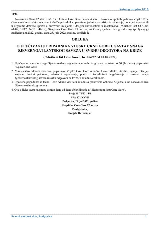 Odluka o upućivanju pripadnika Vojske Crne Gore u sastav snaga Sjevernoatlantskog saveza u svrhu odgovora na krize
