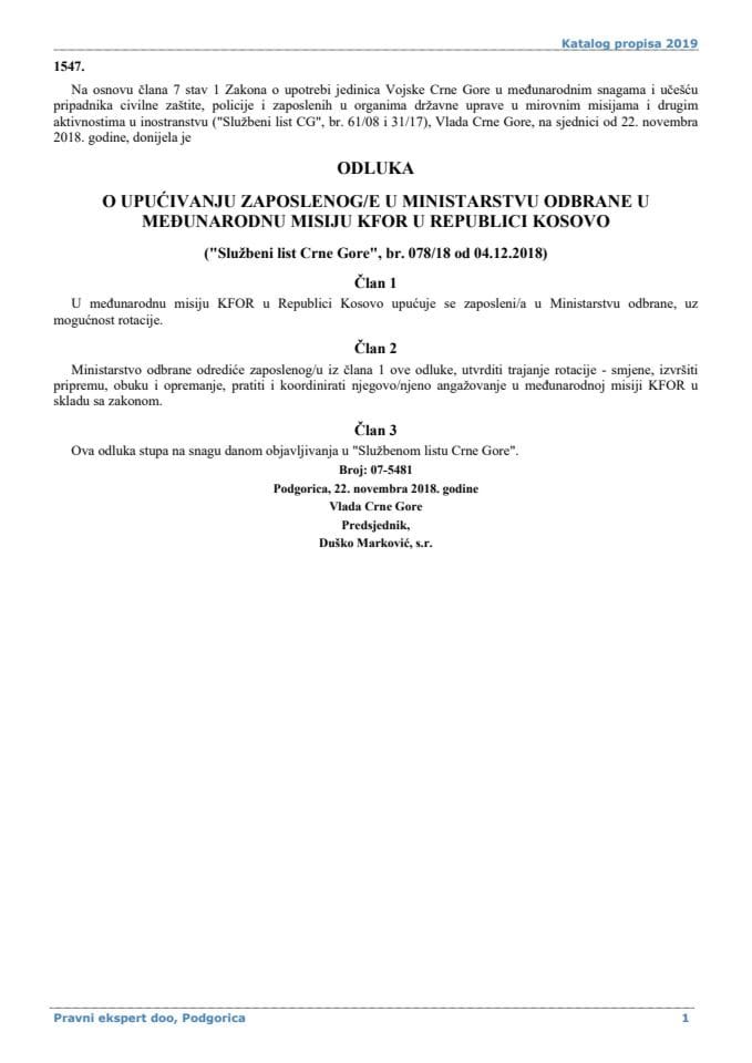 Odluka o upućivanju zaposlenog/e u Ministarstvu odbrane u međunarodnu misiju KFOR u Republici Kosovo