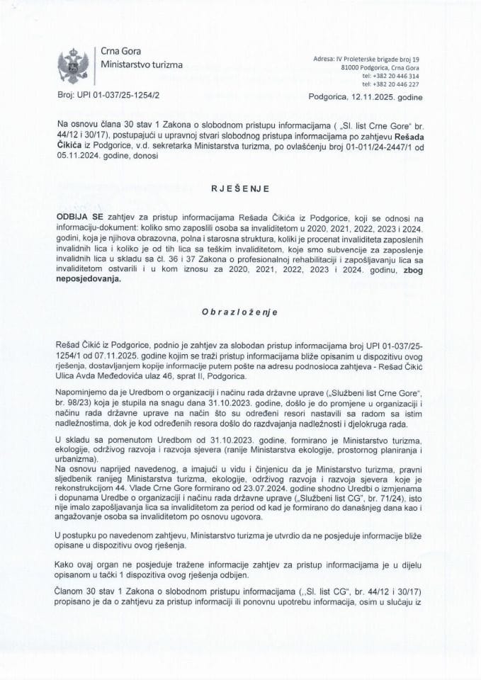 Rješenje - Slobodan pristup informacijama - UPI 01-037-25-1254-2 Rešad Čikić