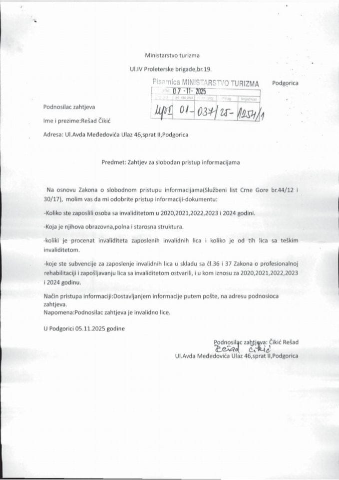 Zahtjev - Slobodan pristup informacijama - UPI 01-037-25-1254-1 - Rešad Čikić