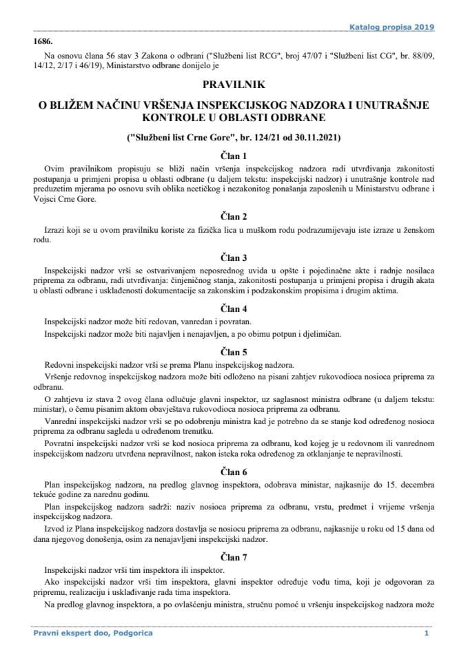Pravilnik o bližem načinu vršenja inspekcijskog nadzora i unutrašnje kontrole u oblasti odbrane