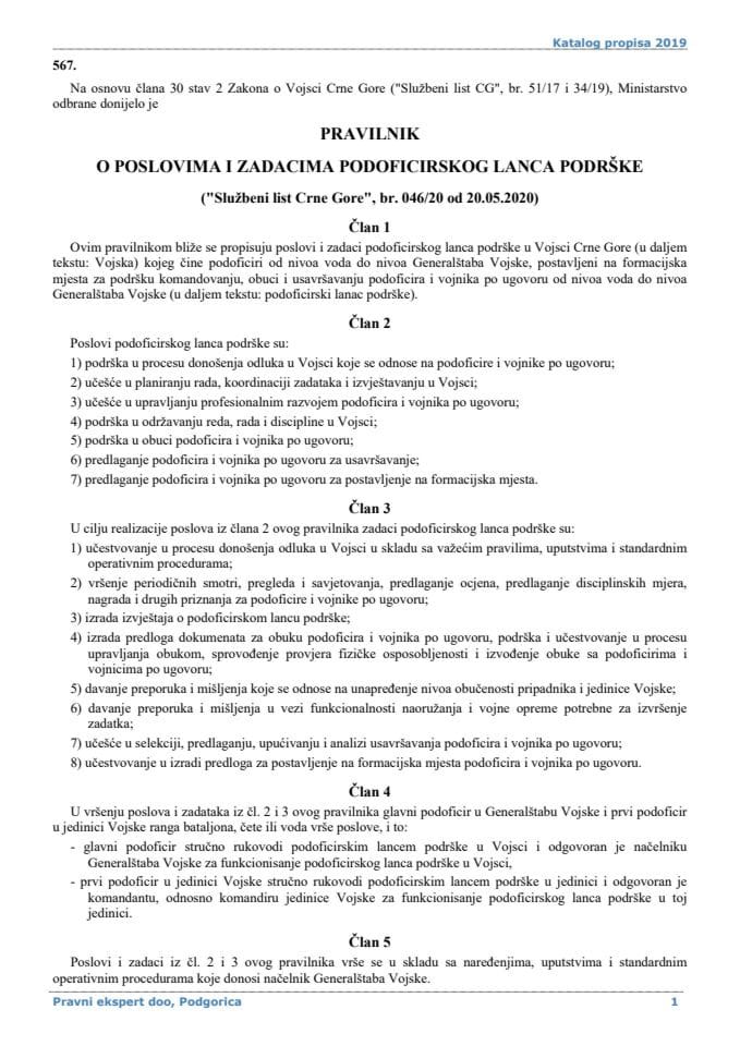 Pravilnik o poslovima i zadacima podoficirskog lanca podrske