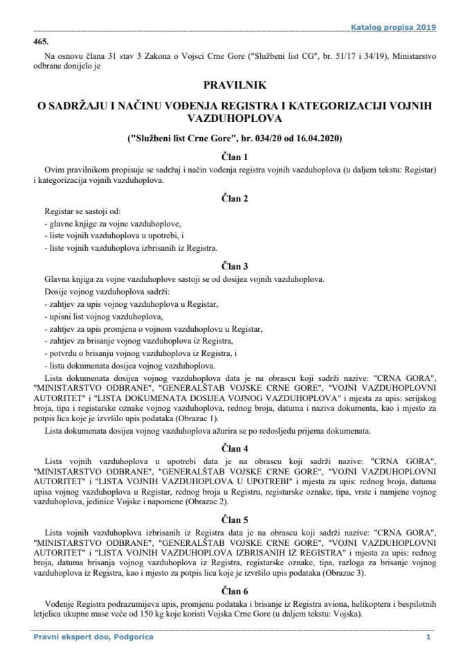 Pravilnik o sadrzaju i nacinu vodjenja registra i kategorizaciji vojnih vazduhoplova