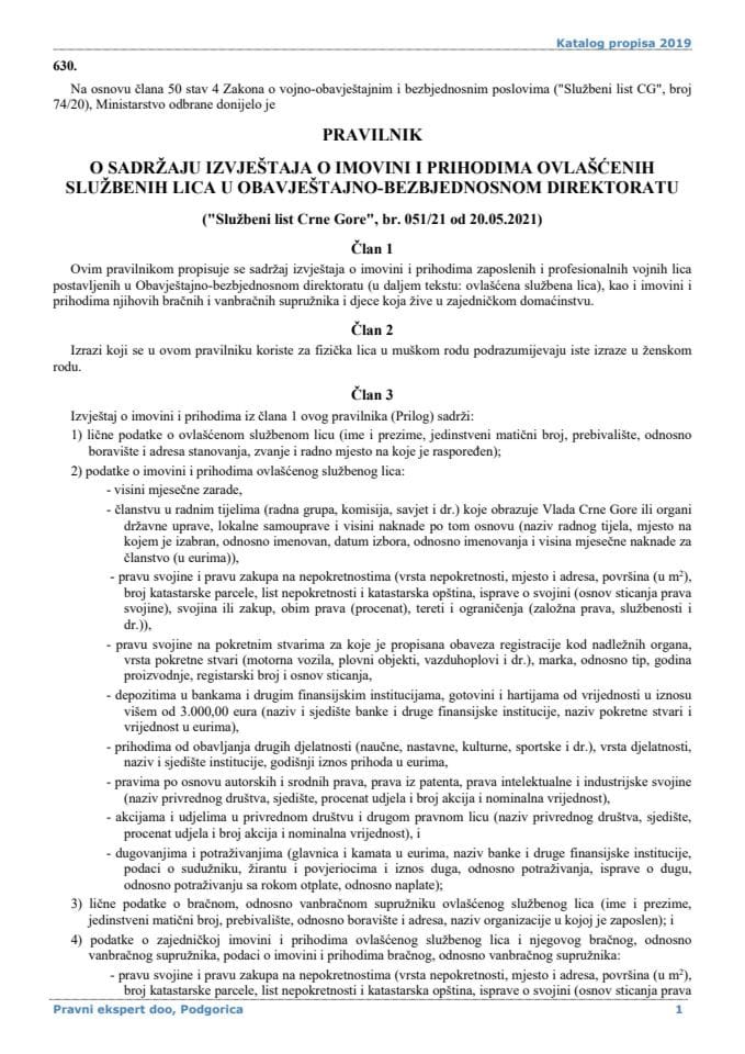 Pravilnik o sadrzaju izvjestaja o imovini i prihodima ovlascenih sluzbenih lica u Obavjestajno-bezbjednosnom direktoratu