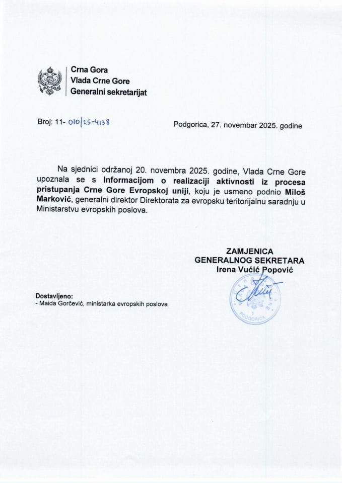 Усмена информација о реализацији активности из процеса приступања Црне Горе  Европској унији - Закључци