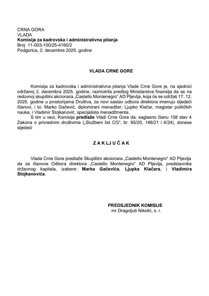 Predlog za izbor članova Odbora direktora „Castello Montenegro“ - AD Pljevlja