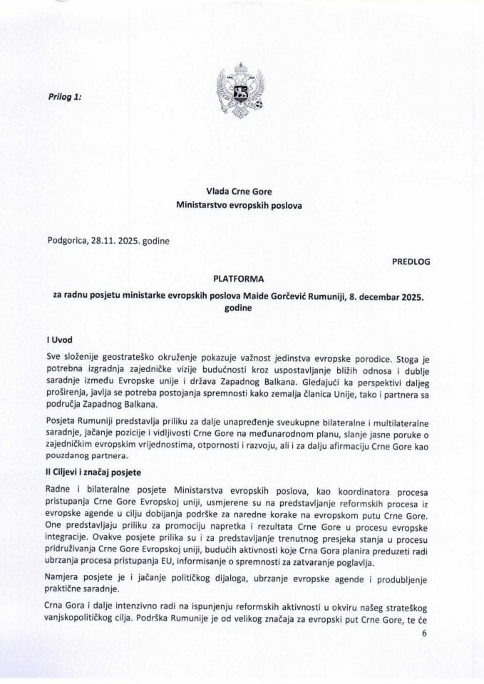Predlog platforme za radnu posjetu ministarke evropskih poslova Maide Gorčević Rumuniji, 8. decembar 2025. godine