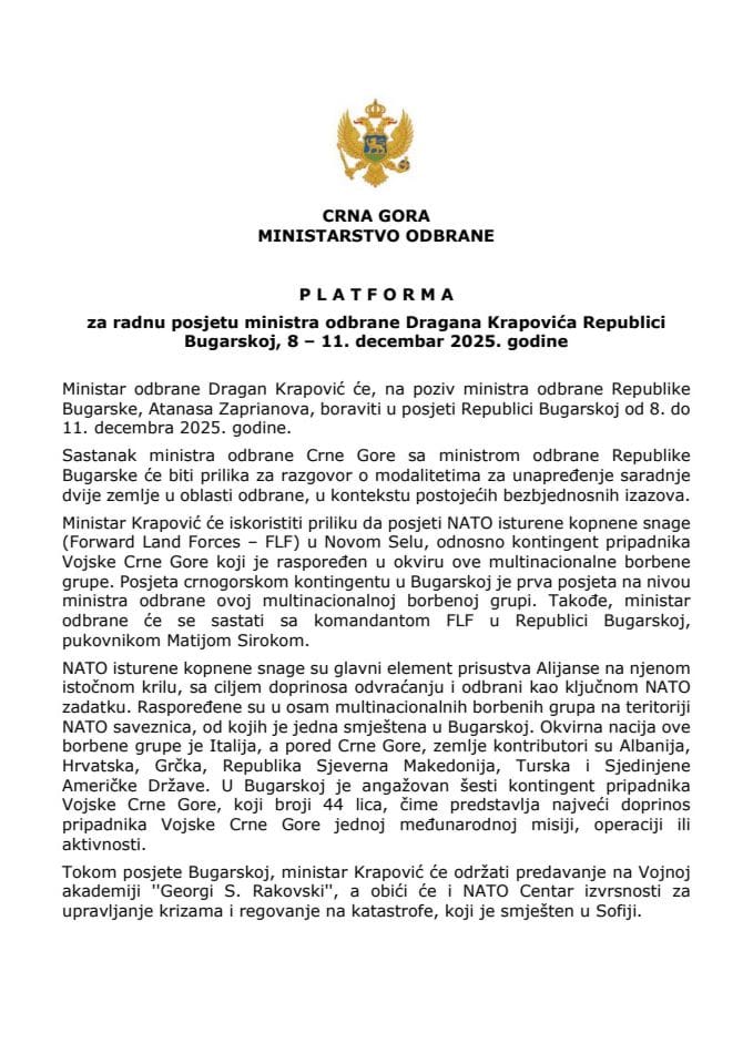 Predlog platforme za radnu posjetu ministra odbrane Dragana Krapovića Republici Bugarskoj, 8-11. decembar 2025. godine