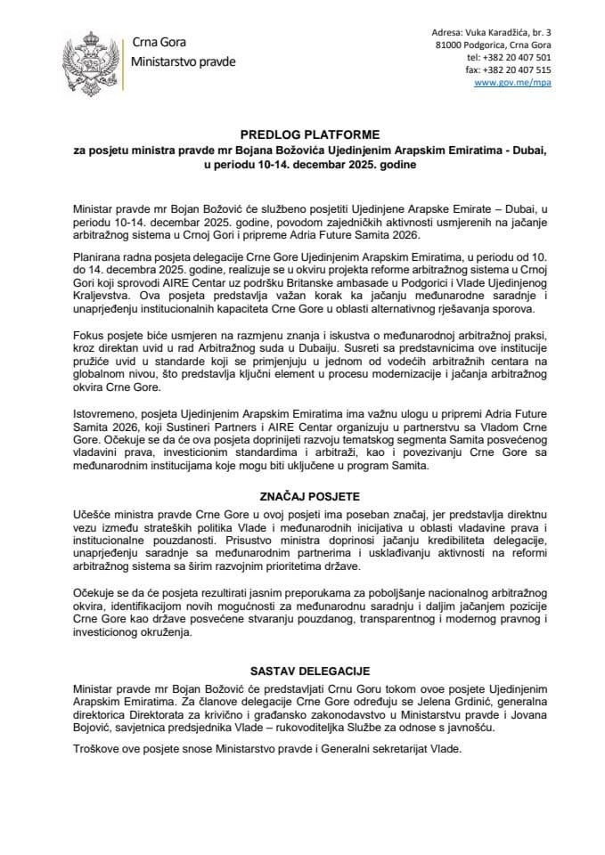 Predlog platforme za posjetu ministra pravde mr Bojana Božovića Ujedinjenim Arapskim Emiratima - Dubai, u periodu 10-14. decembar 2025. godine