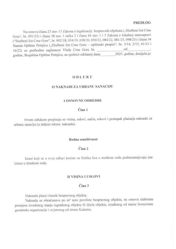 Predlog odluke o naknadi za urbanu sanaciju Opštine Petnjica