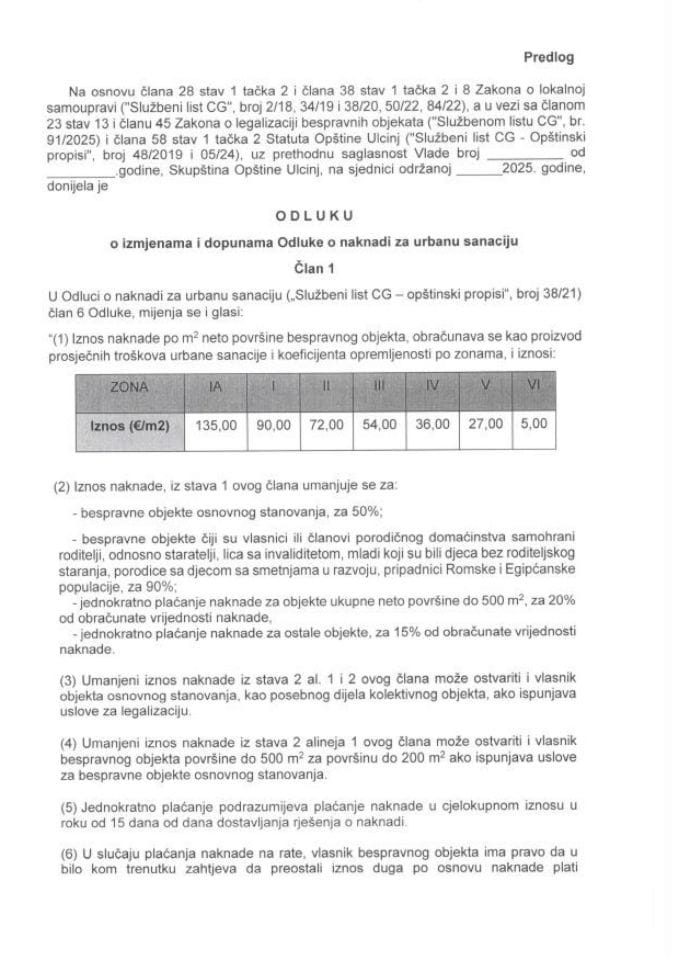 Predlog odluke o izmjenama i dopunama Odluke o naknadi za urbanu sanaciju Opštine Ulcinj