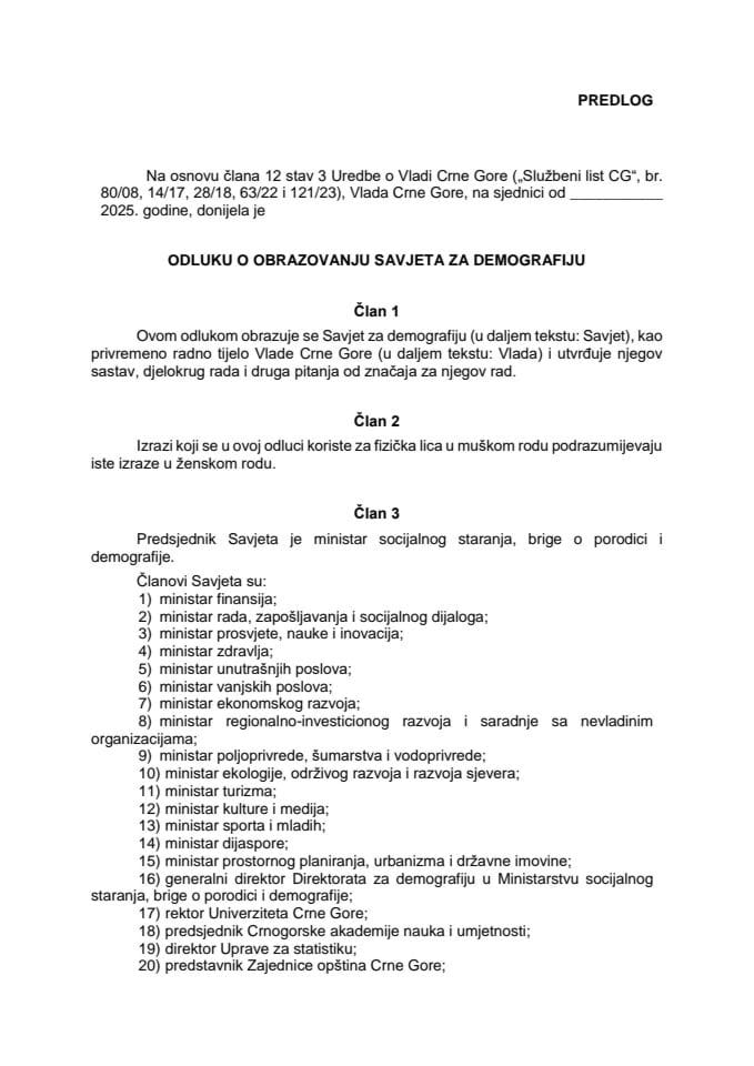 Predlog odluke o obrazovanju Savjeta za demografiju