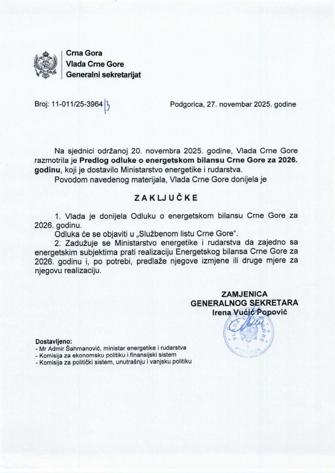 Предлог одлуке о енергетском билансу Црне Горе за 2026. годину- Закључци