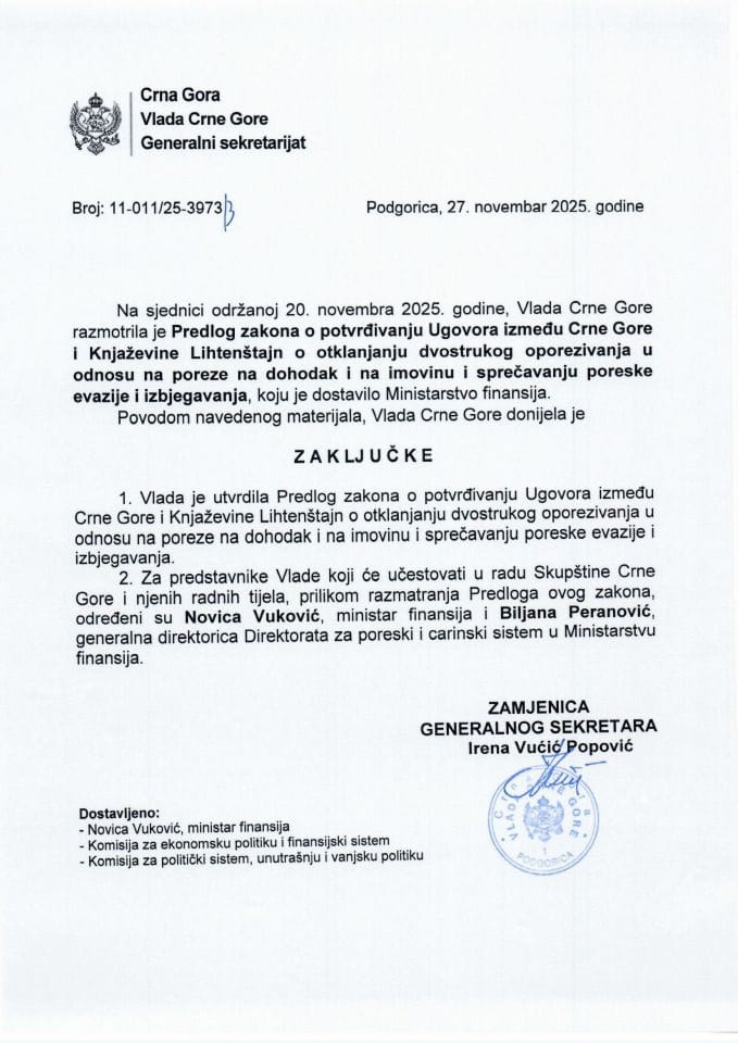 Предлог закона о потврђивању Уговора између Црне Горе и Књажевине Лихтенштајн о отклањању двоструког опорезивања у односу на порезе на доходак и на имовину и спречавању пореске евазије и избјегавања - Закључци