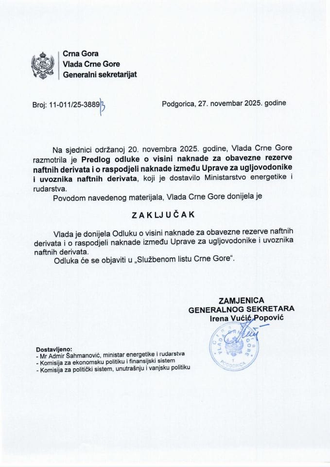 Предлог одлуке о висини накнаде за формирање и одржавање обавезне резерве нафтних деривата и расподјели накнаде између Управе за угљоводонике и увозника нафтних деривата - Закључци