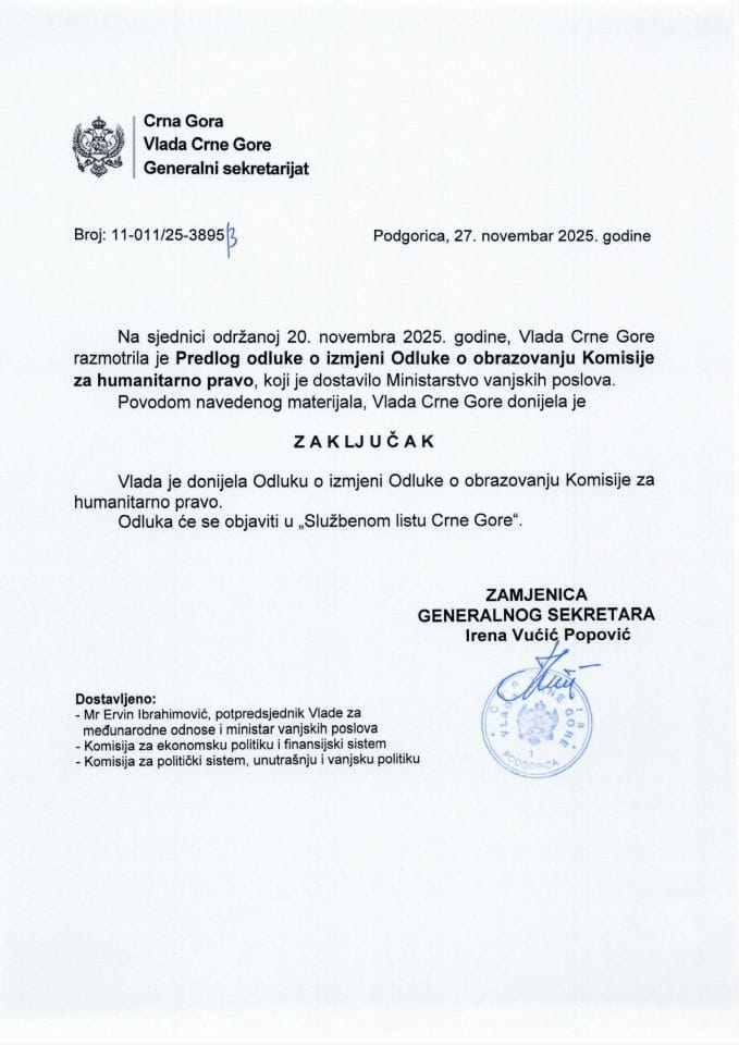 Предлог одлуке о измјени Одлуке о образовању Комисије за хуманитарно право - Закључци