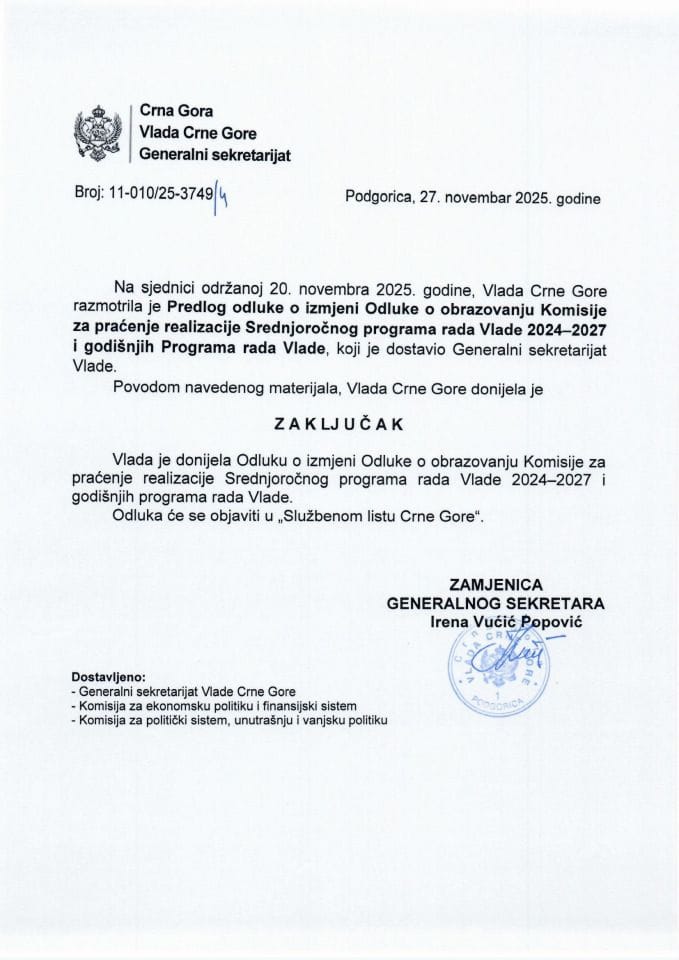 Predlog odluke o izmjeni Odluke o obrazovanju Komisije za praćenje realizacije Srednjoročnog programa rada Vlade 2024-2027 i godišnjih Programa rada Vlade - Zaključci