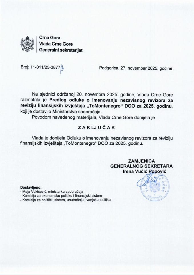 Предлог одлуке о именовању независног ревизора за ревизију финансијских извјештаја „ToMontenegro“ ДОО за 2025. годину - Закључци