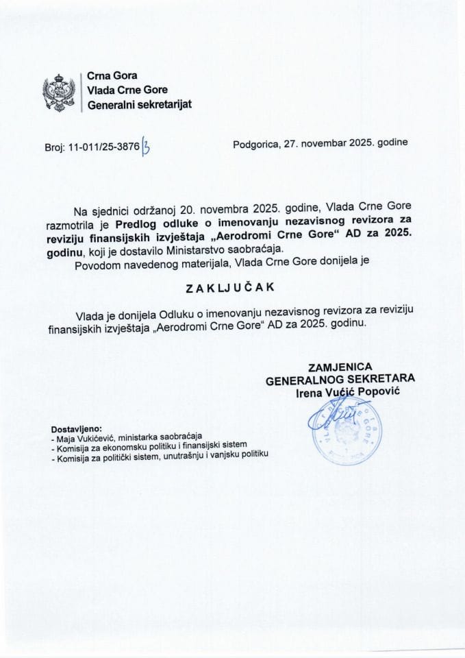 Предлог одлуке о именовању независног ревизора за ревизију финансијских извјештаја „Аеродроми Црне Горе“ АД за 2025. годину - Закључци