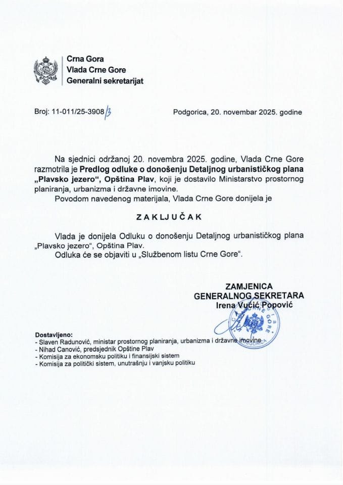 Предлог одлуке о доношењу Детаљног урбанистичког плана „Плавско језеро“, Општина Плав - https://media.gov.me/files/gov/2025/11/20/1763653231-13-104-20-11-2025.pdf - Закључци