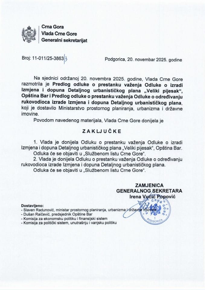 Предлог одлуке о престанку важења Одлуке о изради Измјена и допуна Детаљног урбанистичког плана „Велики пијесак“, Општина Бар - Закључци