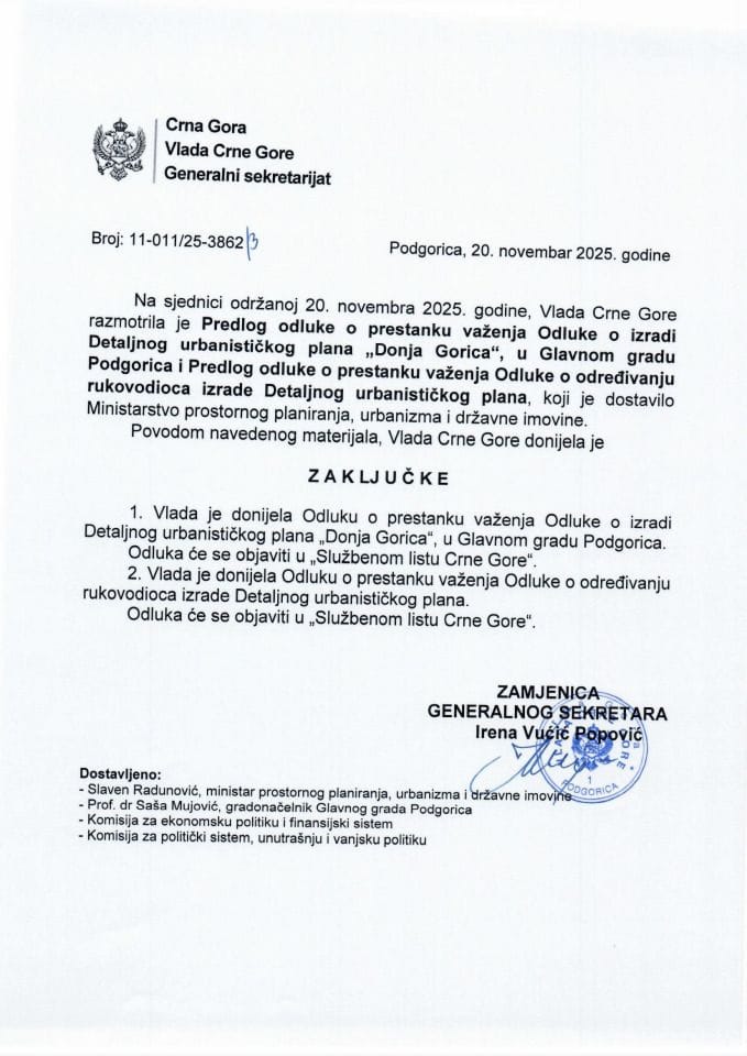 Предлог одлуке о престанку важења Одлуке о изради Детаљног урбанистичког плана „Доња Горица“, у Главном граду Подгорица и Предлог одлуке о престанку важења Одлуке о одређивању руководиоца израде Детаљног урбанистичког плана „Доња Горица“ - Закључци