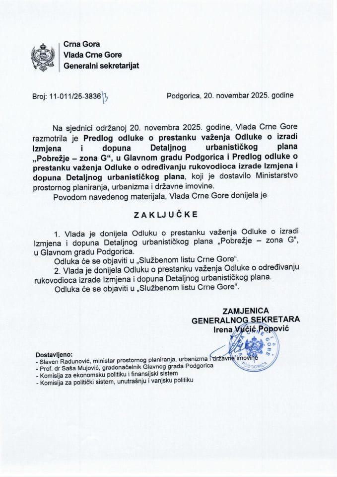 Предлог одлуке о престанку важења Одлуке о изради Измјена и допуна Детаљног урбанистичког плана „Побрежје - зона Г“ у Главном граду - Подгорица - Закључци