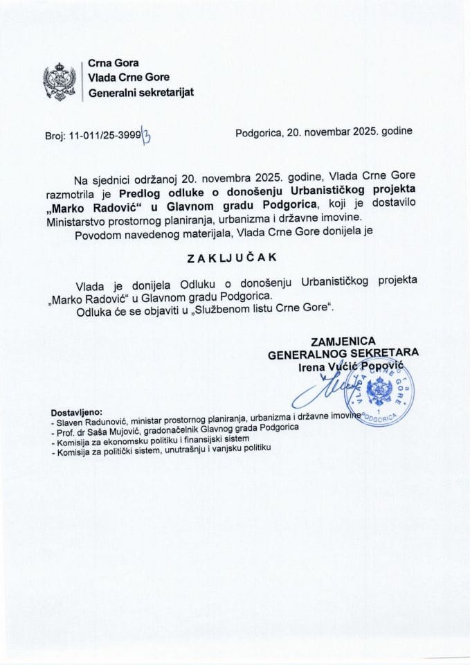 Предлог одлуке о доношењу Измјена и допуна Убанистичког пројекта „Марко Радовић“ у Главном граду - Подгорица - Закључци