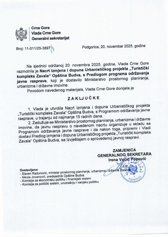 Нацрт измјена и допуна Урбанистичког пројекта „Туристички комплекс Завала“ Општина Будва с Предлогом програма одржавања јавне расправе - Закључци