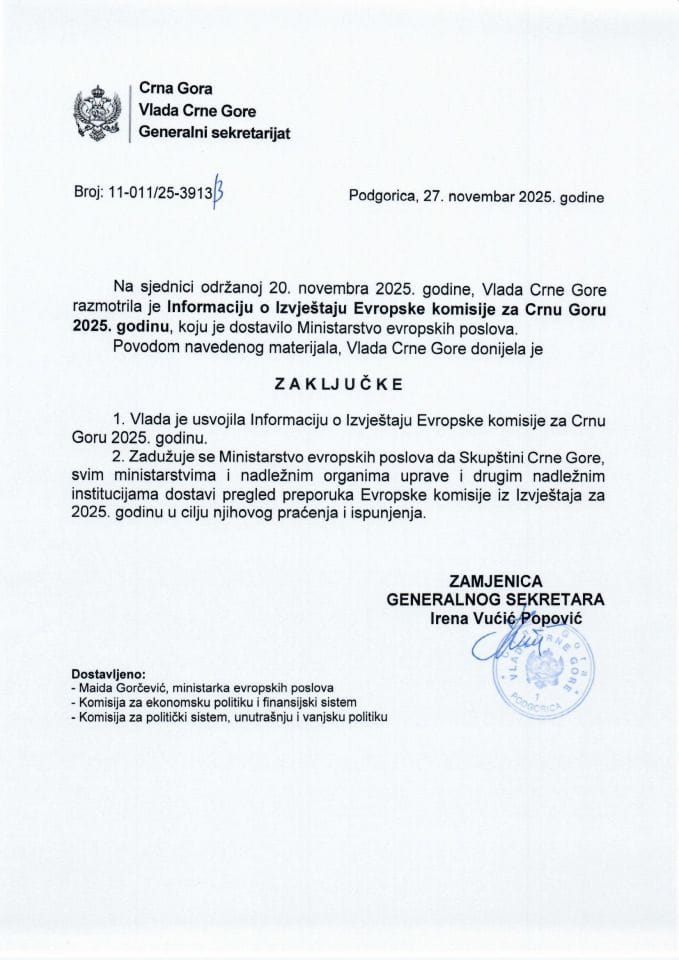 Информација о Извјештају Европске комисије за Црну Гору 2025. - Закључци