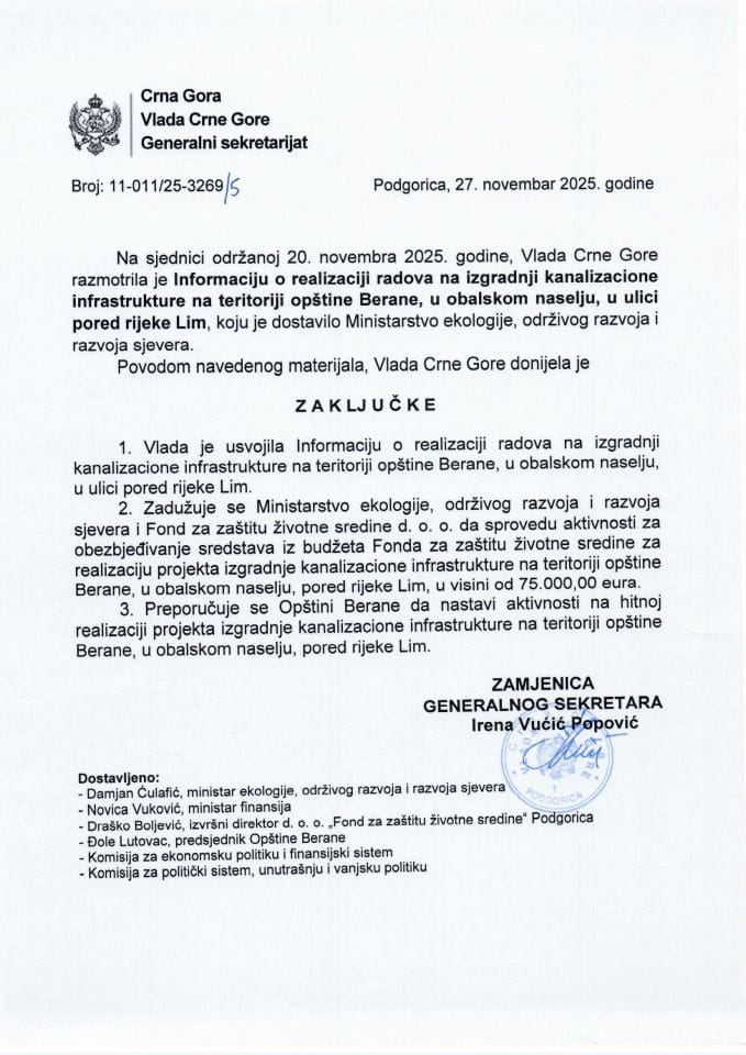 Informacija o realizaciji radova na izgradnji kanalizacione infrastrukture na teritoriji opštine Berane, u obalskom naselju, u ulici pored rijeke Lim - Zaključci