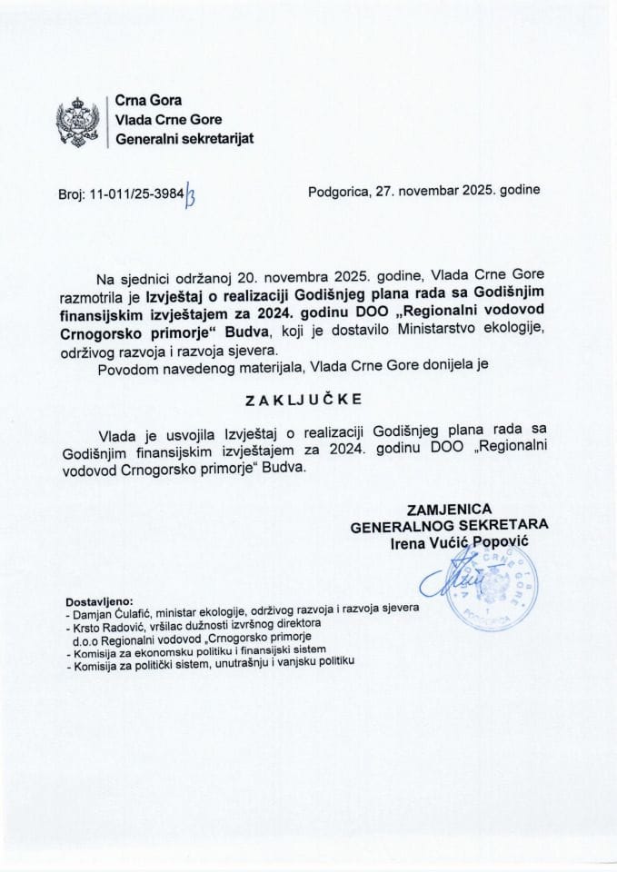 Izvještaj o realizaciji Godišnjeg plana rada sa Godišnjim finansijskim izvještajem za 2024. godinu DOO „Regionalni vodovod Crnogorsko primorje“ Budva - Zaključci