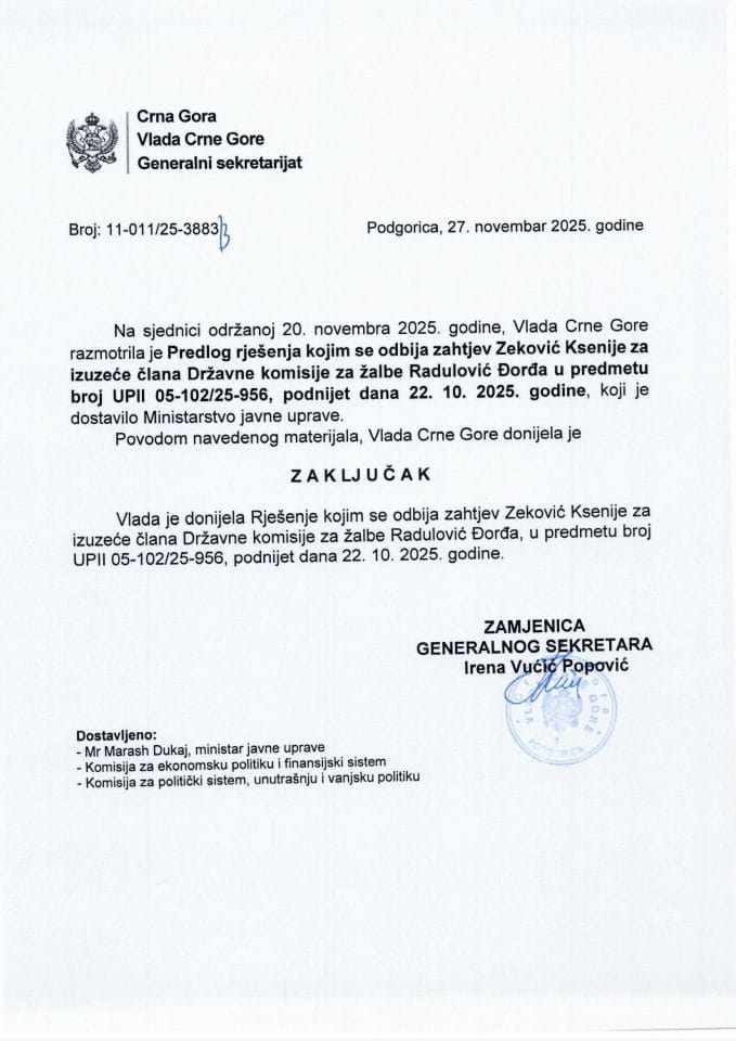 Predlog rješenja kojim se odbija zahtjev Zeković Ksenije za izuzeće člana Državne komisije za žalbe Radulović Đorđa u predmetu broj UPII 05-102/25-956, podnijet dana 22.10.2025. godine - Zaključci