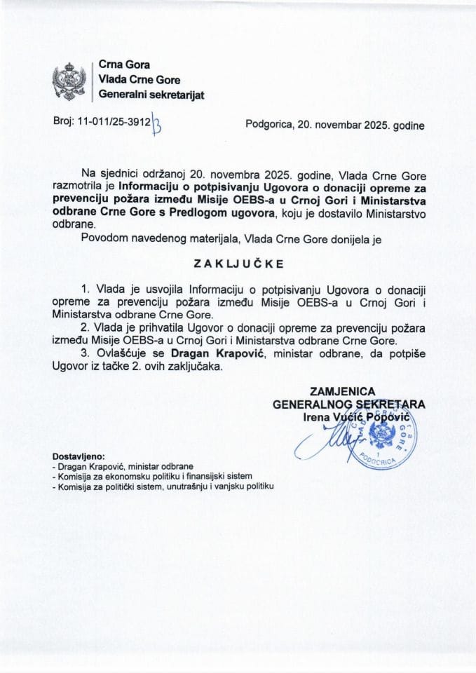 Информација о потписивању Уговора о донацији опреме за превенцију пожара између Мисије ОЕБС-а у Црној Гори и Министарства одбране Црне Горе с Предлогом уговора - Закључци