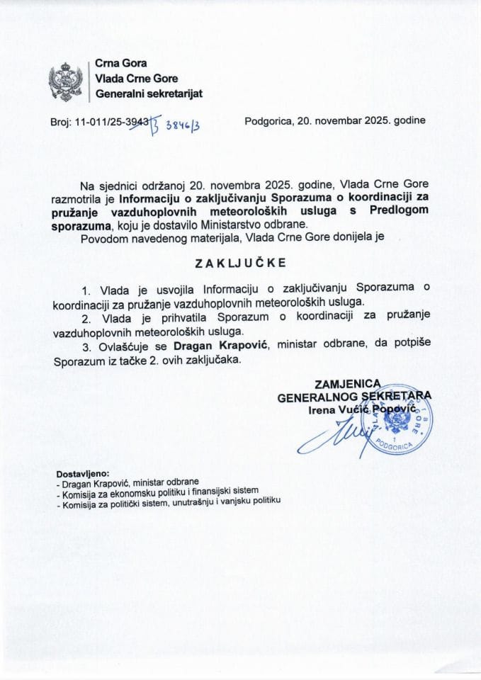 Informacija o zaključivanju Sporazuma o koordinaciji za pružanje vazduhoplovnih meteoroloških usluga s Predlogom sporazuma - Zaključci