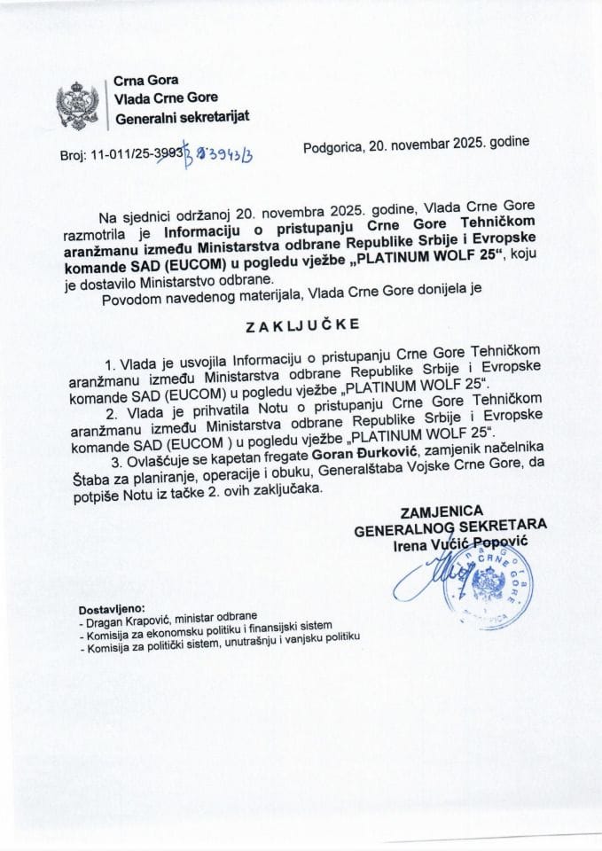 Информација о приступању Црне Горе Техничком аранжману између Министарства одбране Републике Србије и Европске команде САД (EUCOM) у погледу вјежбе „PLATINUM WOLF 25“ - Закључци