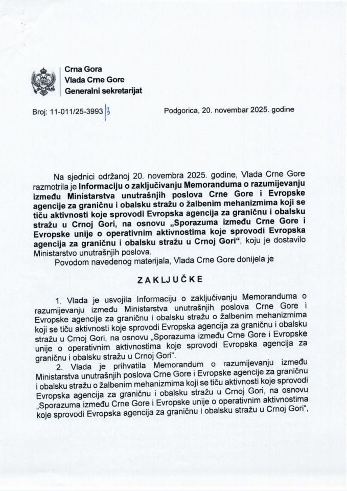 Informacija o zaključivanju Memoranduma o razumijevanju između Ministarstva unutrašnjih poslova Crne Gore i Evropske agencije za graničnu i obalsku stražu - Zaključci