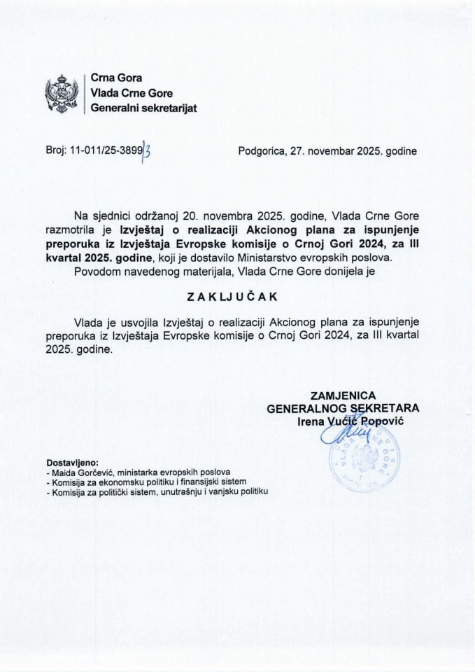 Извјештај о реализацији Акционог плана за испуњење препорука из Извјештаја Европске комисије о Црној Гори 2024, за III квартал 2025. године - Закључци